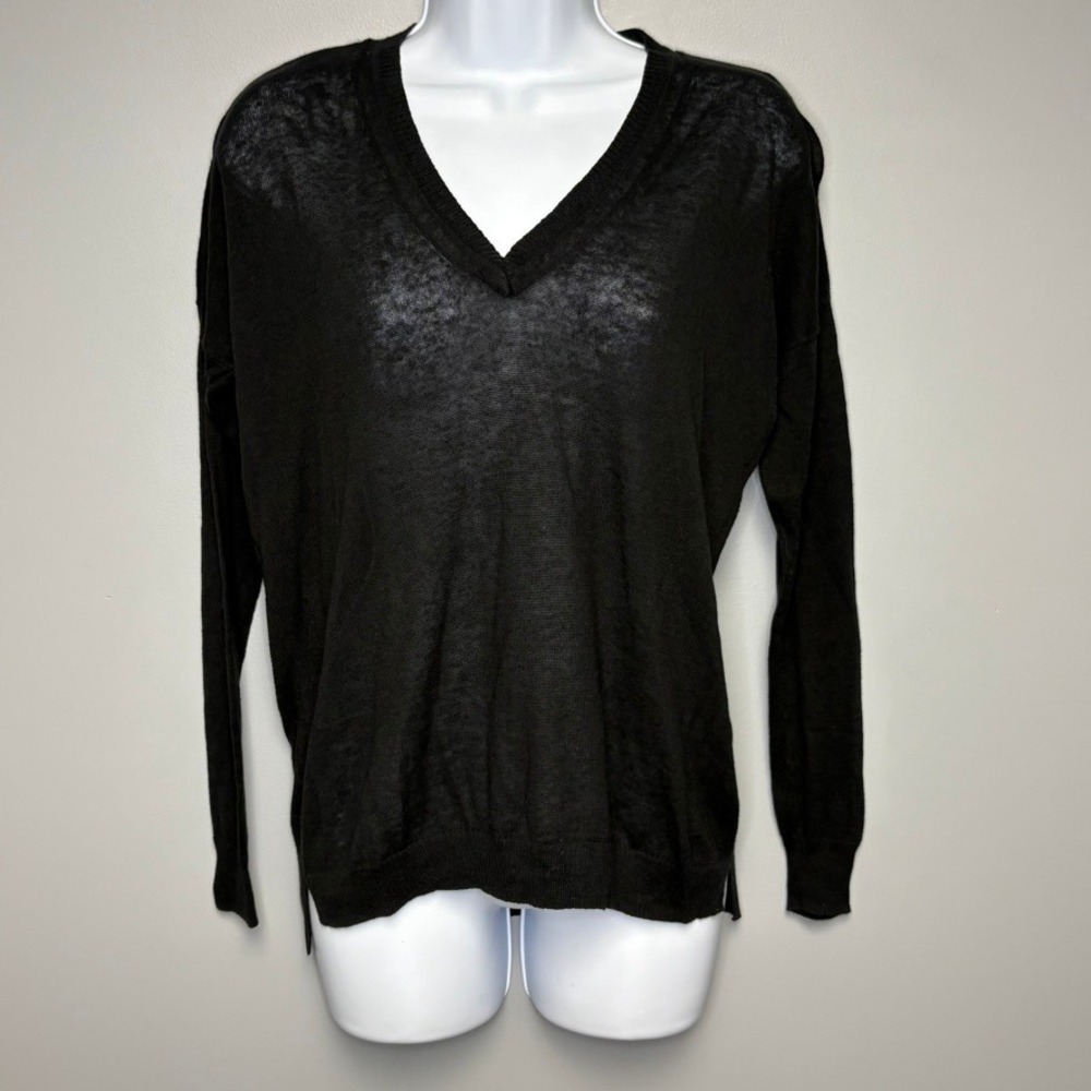 Madewell Black Sheer V-Neck Linen Blend Casual Preppy Minimalist Top Women Sz XS